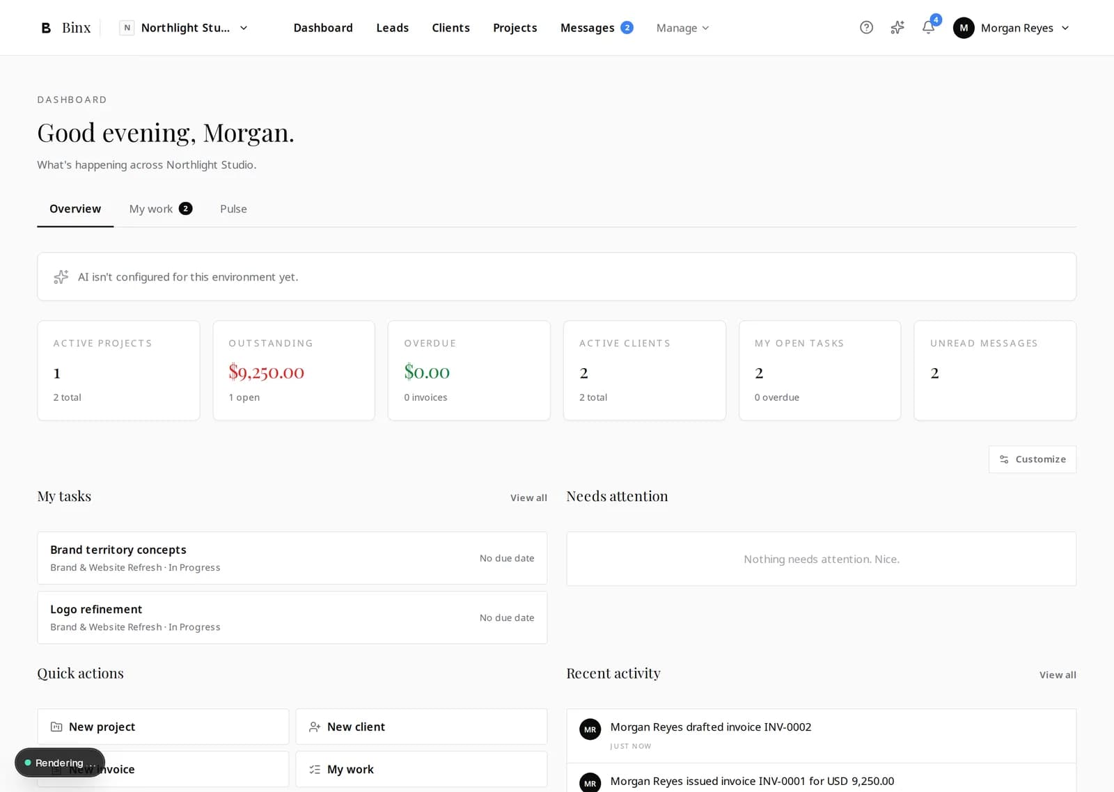 The Binx staff dashboard: a welcome greeting, an AI briefing, key numbers and recent activity.
